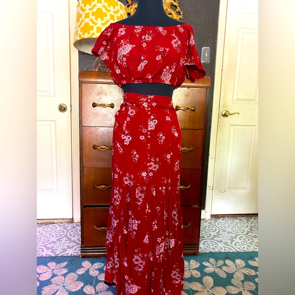 American Eagle two piece off shoulder top and high rise skirt